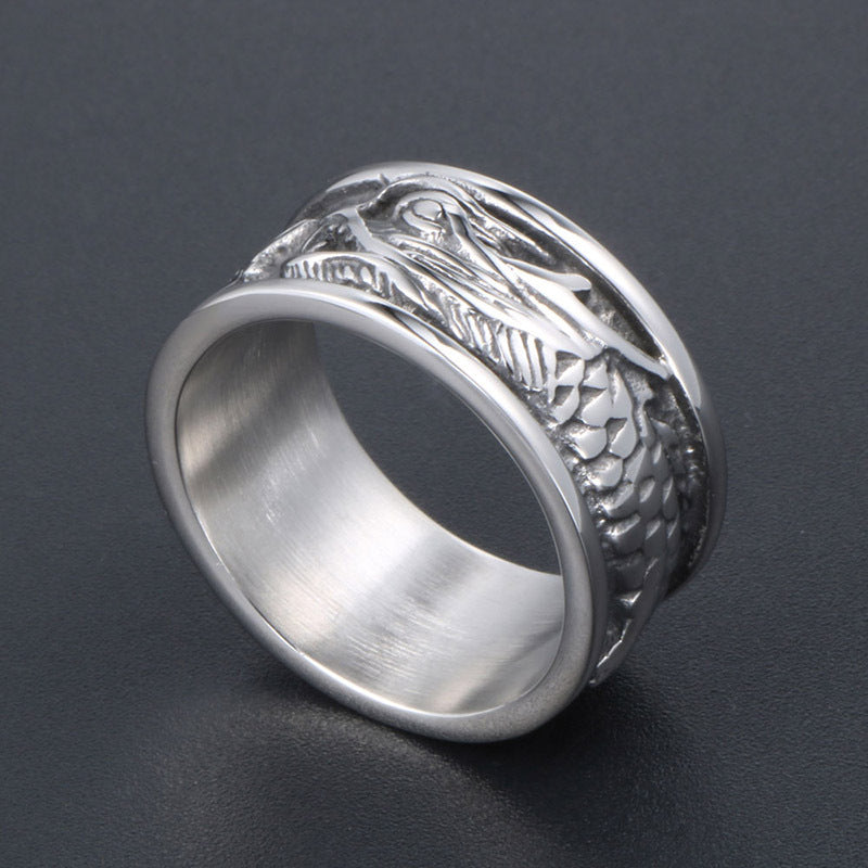 Vintage Titanium Steel Dragon Ring for Men - Wide Loong Descendant Stainless Steel Jewelry