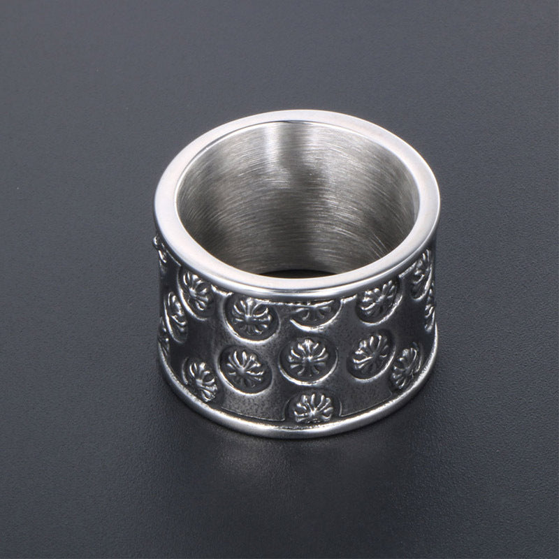 Titanium Steel Retro Cross Flower Wide Ring for Men - Classic Fashionable Jewelry Wholesale