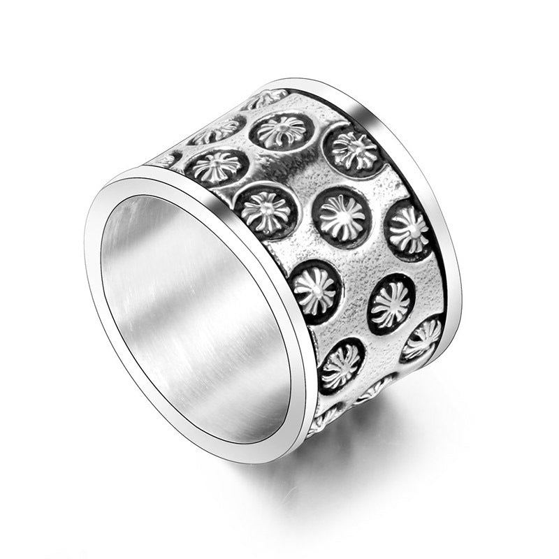 Titanium Steel Retro Cross Flower Wide Ring for Men - Classic Fashionable Jewelry Wholesale