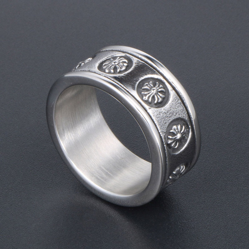 Trendy Retro Titanium Steel Cross Flower Ring for Men and Women - Wholesale Fashion Jewelry