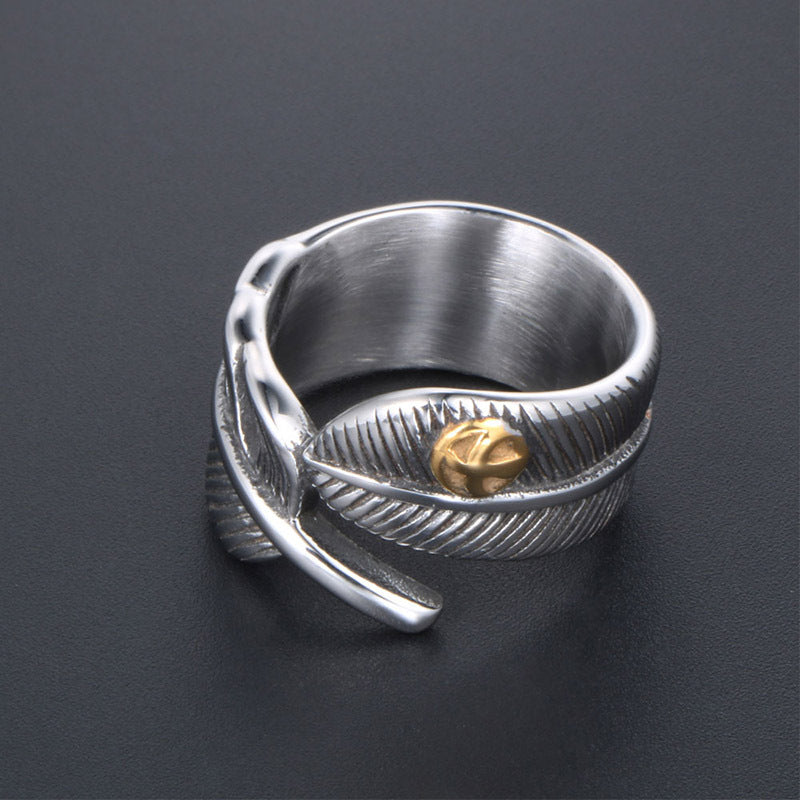 Vintage Feather Design Men's Ring - Custom Hip-Hop Rock Style for Wholesale