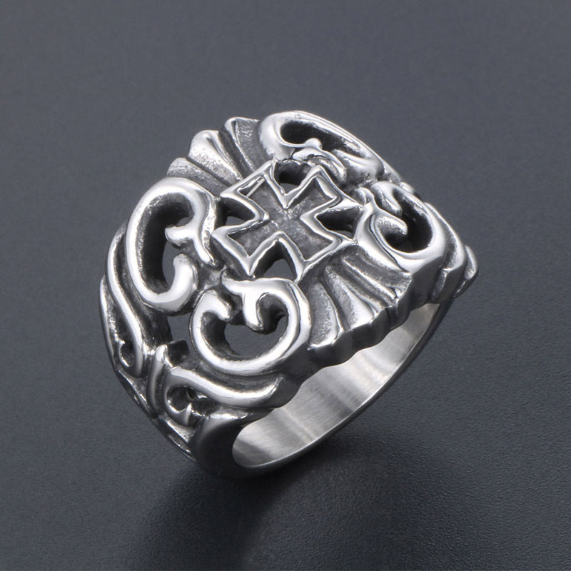 Men's Retro Hollow Cross Titanium Steel Ring - Trendy Fashion Jewelry for Everyday Wear