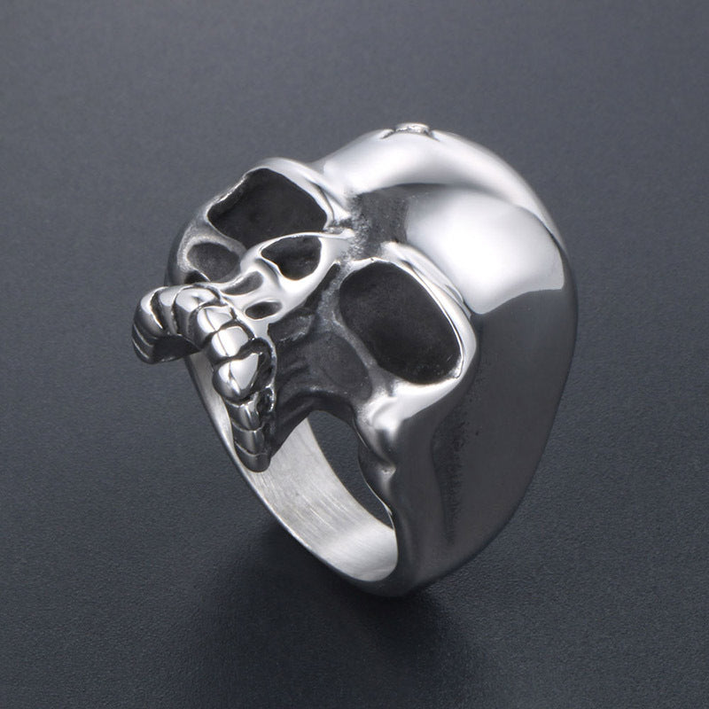 Titanium Steel Skull Ring with Sunflower Design - Stainless Steel Ghost Head Ring for Men