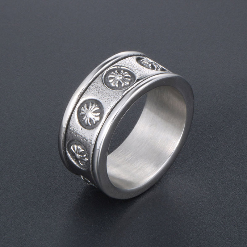 Trendy Retro Titanium Steel Cross Flower Ring for Men and Women - Wholesale Fashion Jewelry