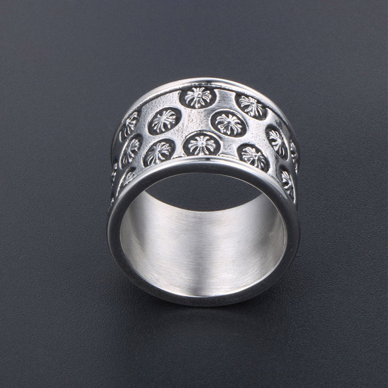 Titanium Steel Retro Cross Flower Wide Ring for Men - Classic Fashionable Jewelry Wholesale