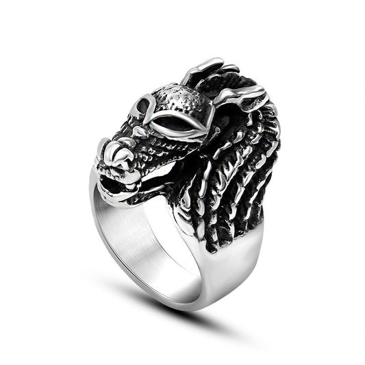 Retro Chinese Dragon Head Titanium Steel Ring for Men and Women - Stylish Domineering Design