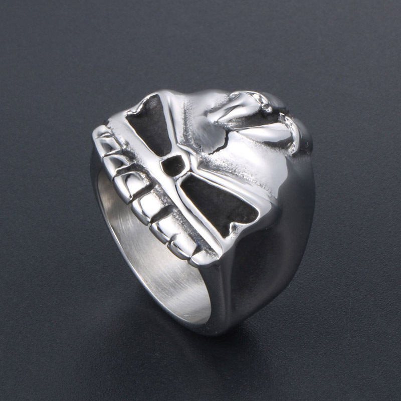 Titanium Steel Half Skull Ring with Embossed Double Swords for Rock-style Men