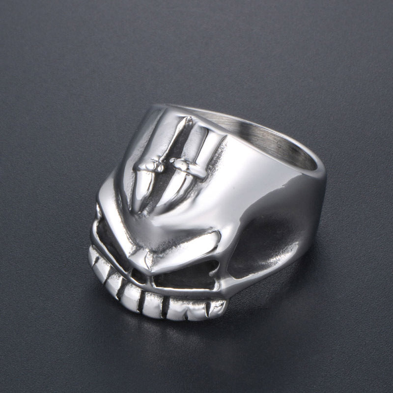 Titanium Steel Half Skull Ring with Embossed Double Swords for Rock-style Men