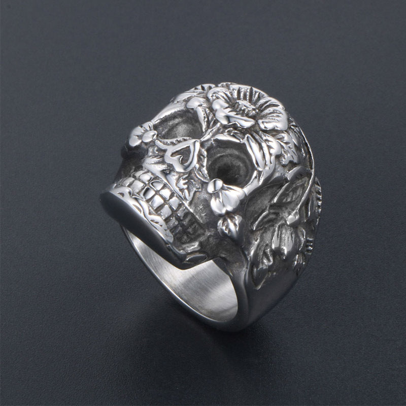 Trendy Floral and Grass Skull Ring for Men - European and American Wholesale Jewelry