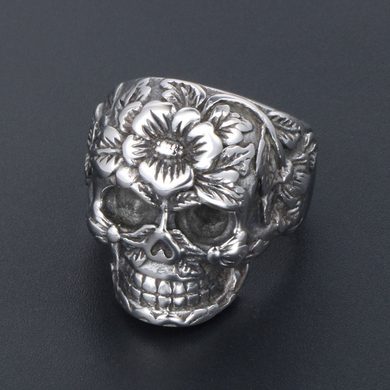 Trendy Floral and Grass Skull Ring for Men - European and American Wholesale Jewelry