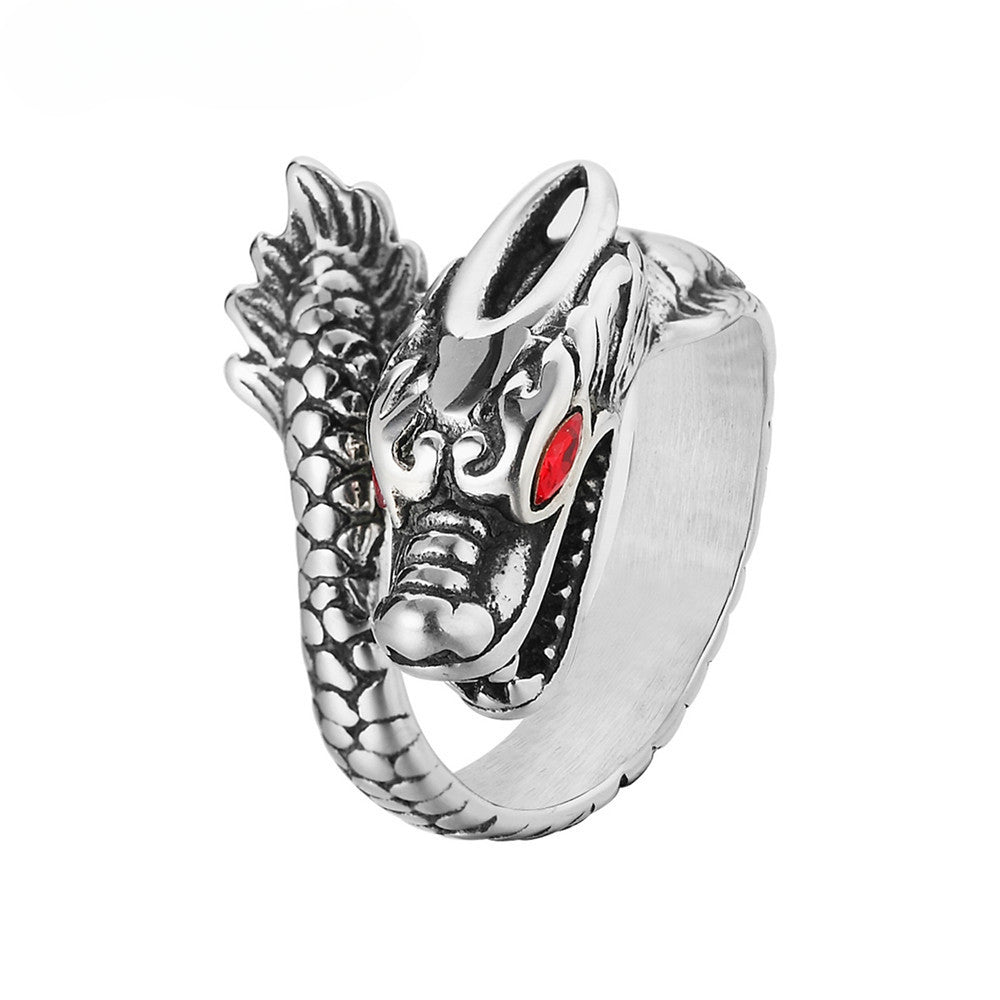 Red Eye Zircon Chinese Dragon Titanium Steel Ring for Men