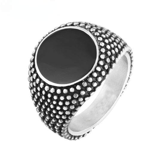 Vintage Black Gemstone Titanium Steel Men's Ring by Planderful Collection