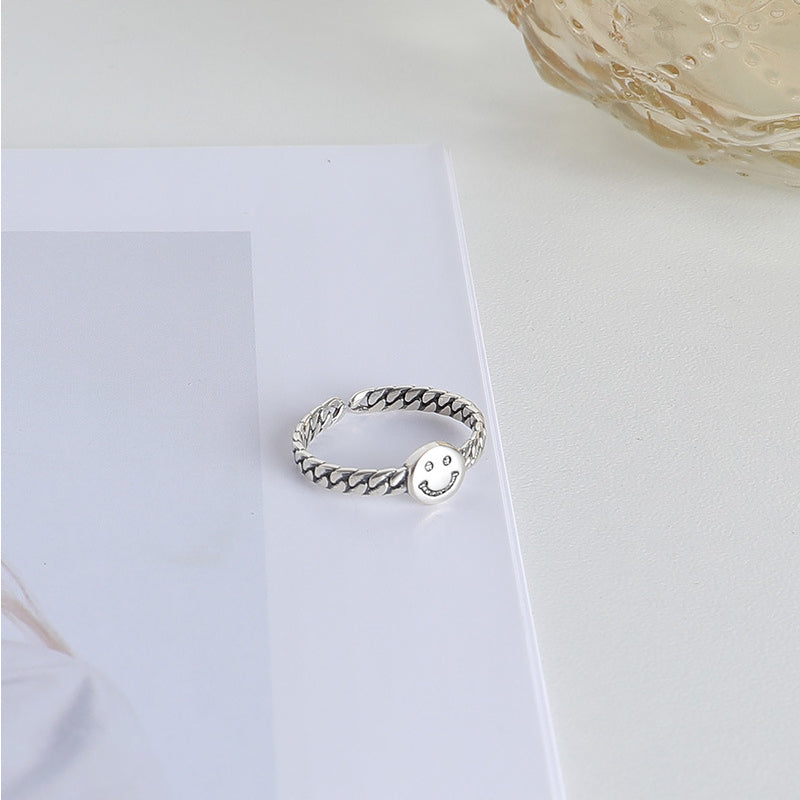 Smiling Face and Chain Design Opening Sterling Silver Ring