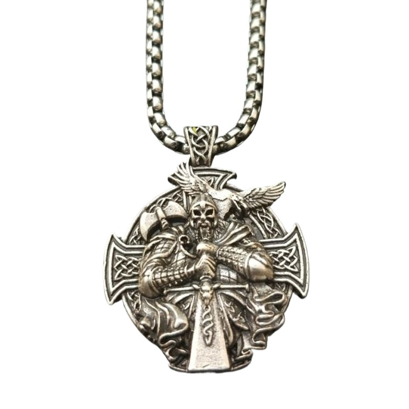 Norse Legacy: Viking Odin Necklace with Pagan Man Pendant and Cross Crow Pendant