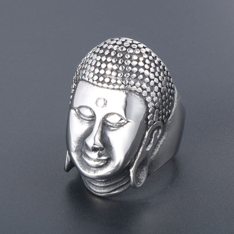 Titanium Steel Sakyamuni Buddha Head Ring for Men - Chinese Style Tathagata Face Design