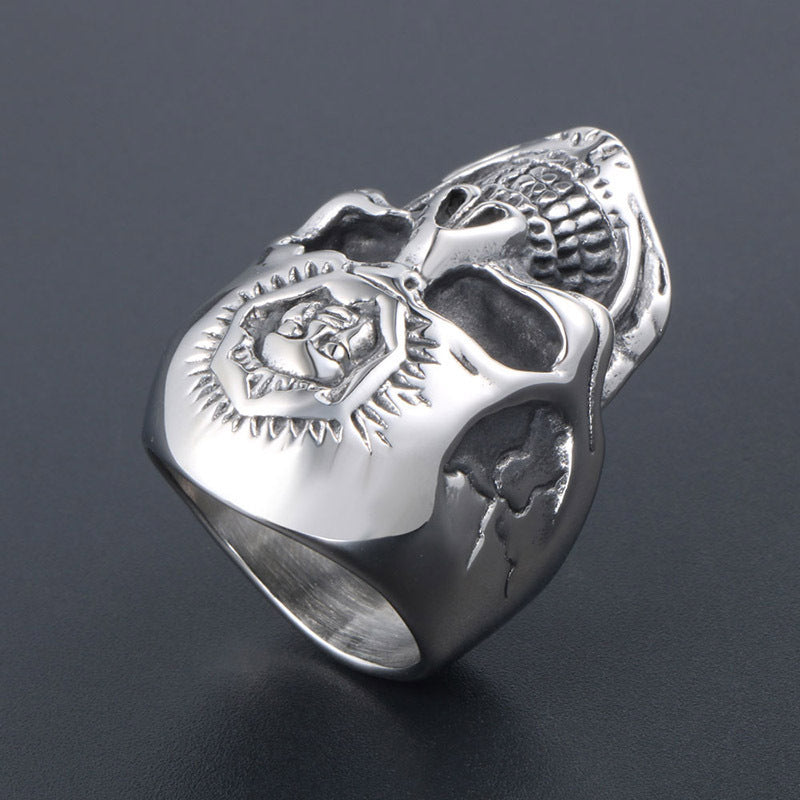 Punk Skull Ring in Retro Titanium Steel - Bold Double-Faced Design for Men