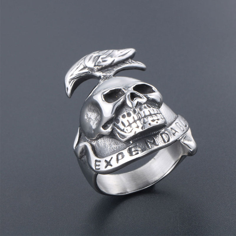 Customizable Expendables Skull Crow Tattoo Ring - Men's Titanium Steel Jewelry in Sizes 7-12