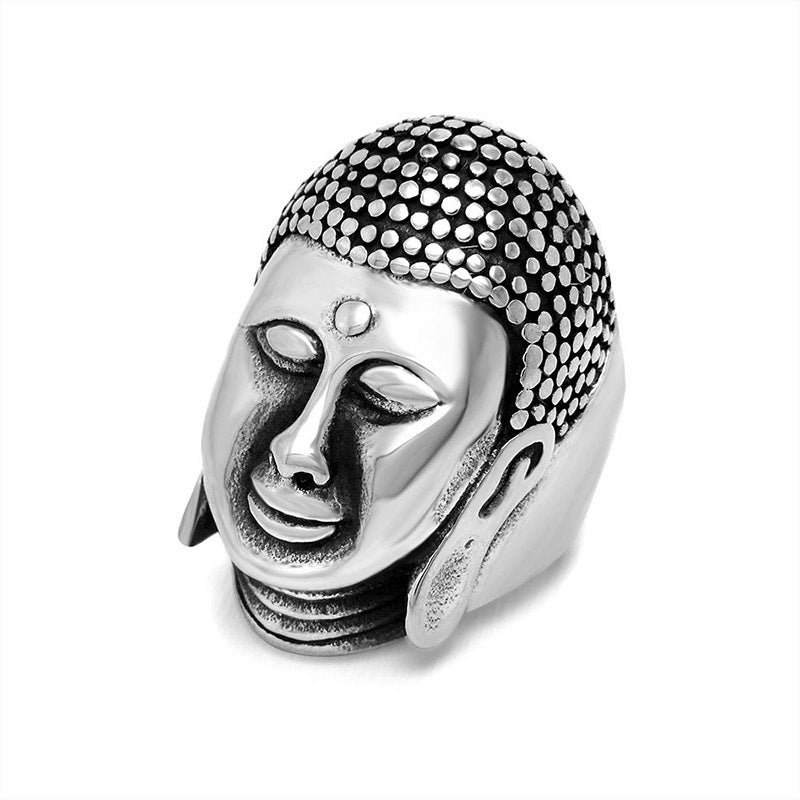 Titanium Steel Sakyamuni Buddha Head Ring for Men - Chinese Style Tathagata Face Design