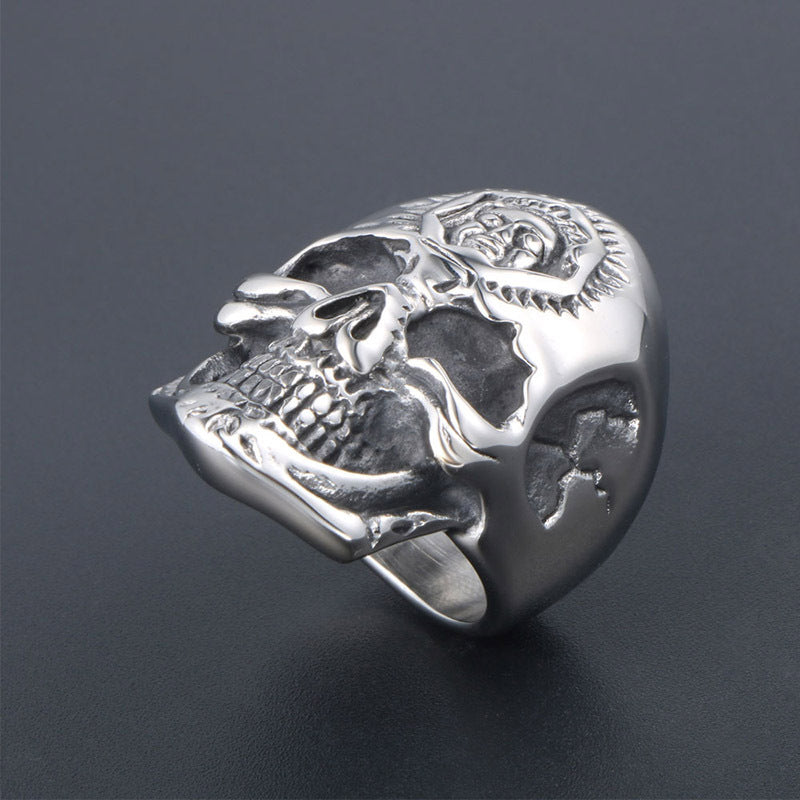 Punk Skull Ring in Retro Titanium Steel - Bold Double-Faced Design for Men