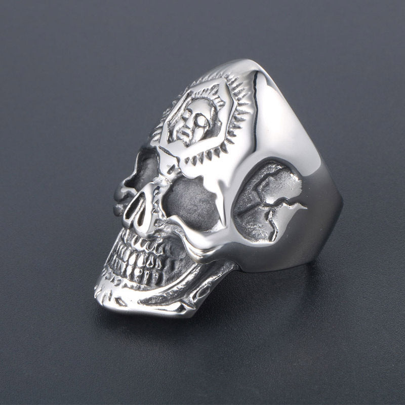 Punk Skull Ring in Retro Titanium Steel - Bold Double-Faced Design for Men