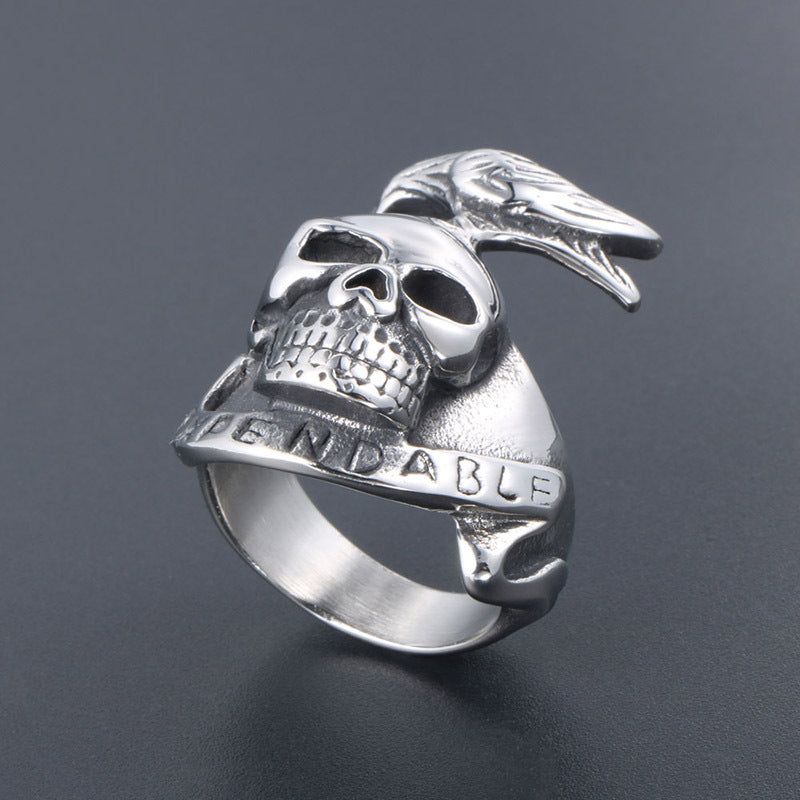 Customizable Expendables Skull Crow Tattoo Ring - Men's Titanium Steel Jewelry in Sizes 7-12