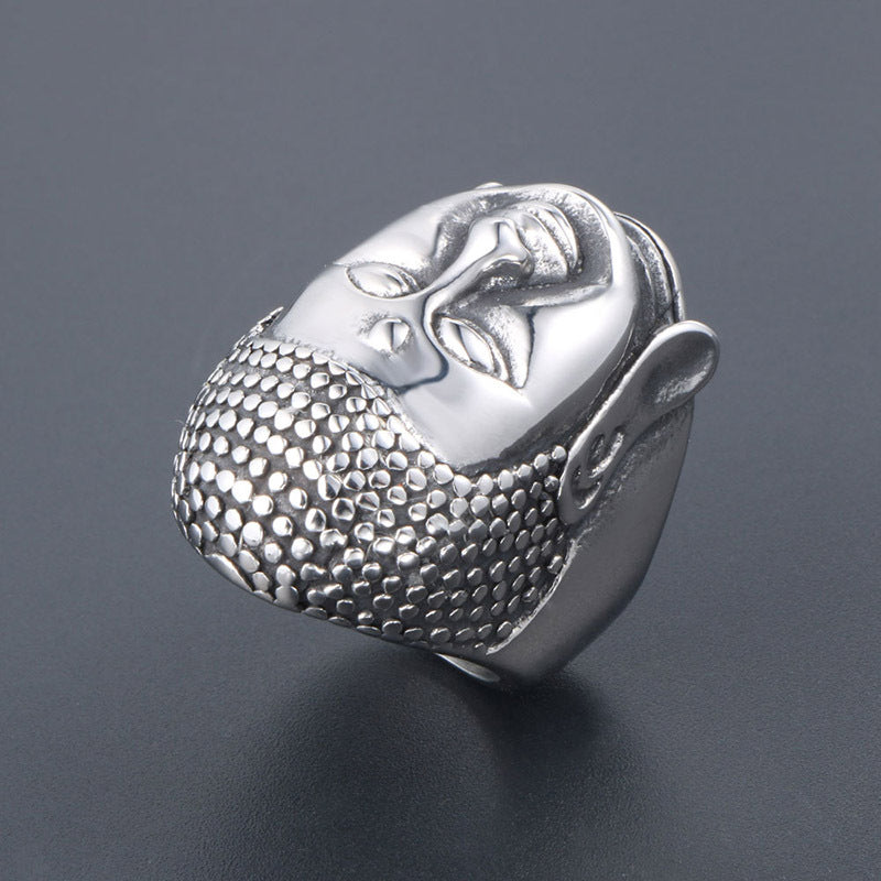 Titanium Steel Sakyamuni Buddha Head Ring for Men - Chinese Style Tathagata Face Design