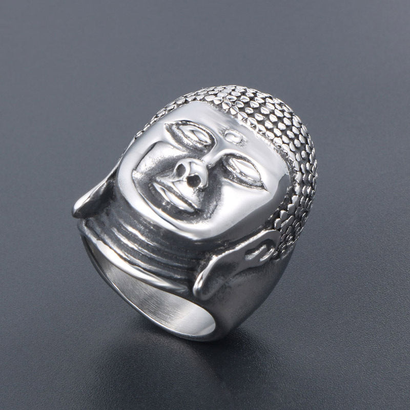 Titanium Steel Sakyamuni Buddha Head Ring for Men - Chinese Style Tathagata Face Design