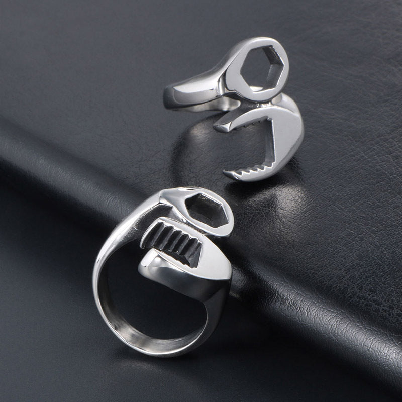 Customizable Punk-Inspired Screw and Wrench Ring in Trendy Titanium Steel for Men