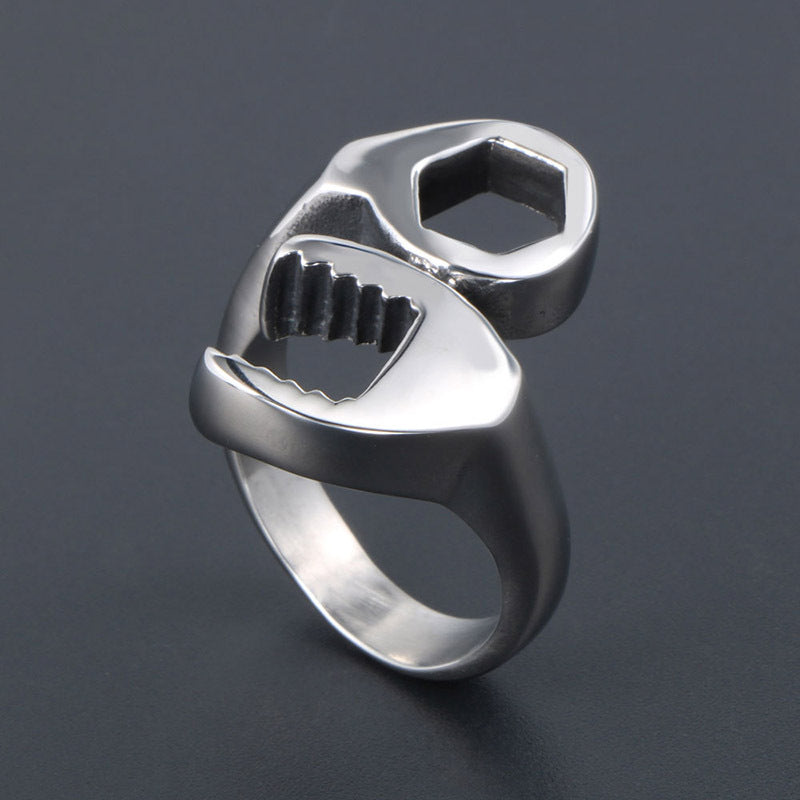 Customizable Punk-Inspired Screw and Wrench Ring in Trendy Titanium Steel for Men