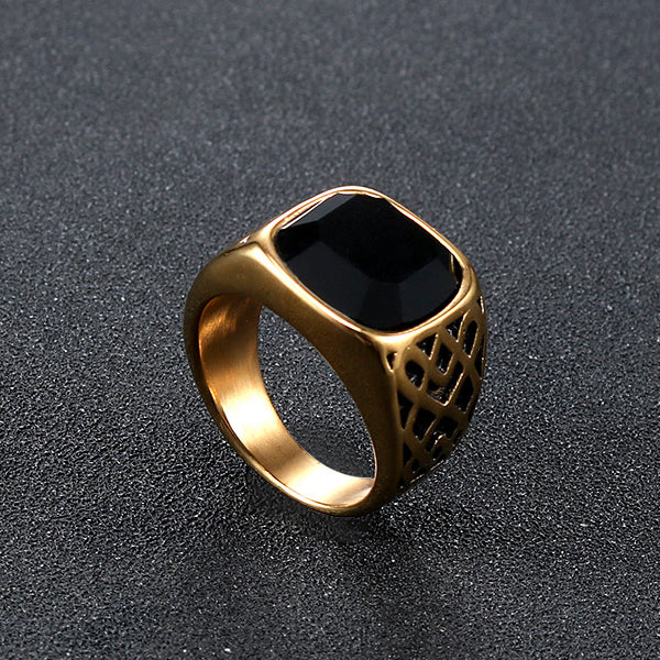 Titanium Steel Black Stone Ring for Men - Retro Dominance in European and American Style