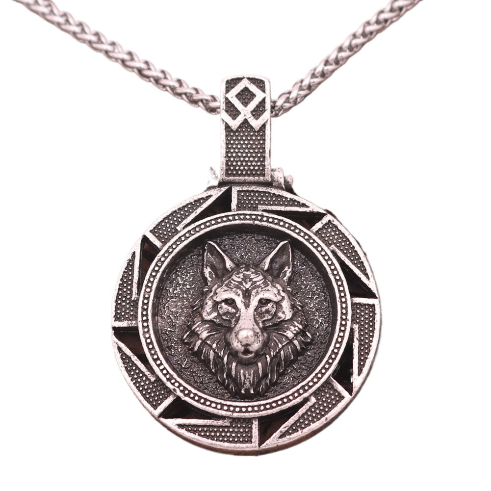 Wolf Head Viking Pendant Necklace with Double-Sided Amulet Design