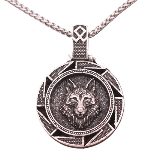 Wolf Head Viking Pendant Necklace with Double-Sided Amulet Design