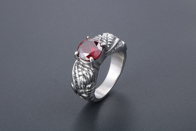 Korean Personalized Wing Ring for Men - Retro Red Zircon Titanium Steel Design