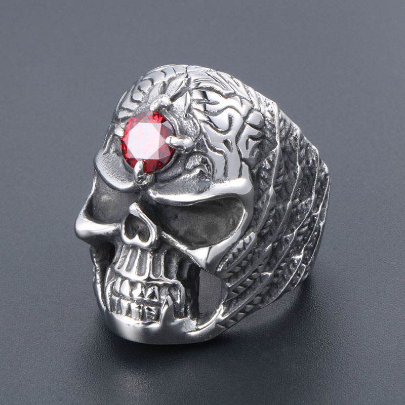 Titanium Steel Men's Gothic Red Zircon Skull Ring - Bold Wholesale Jewelry