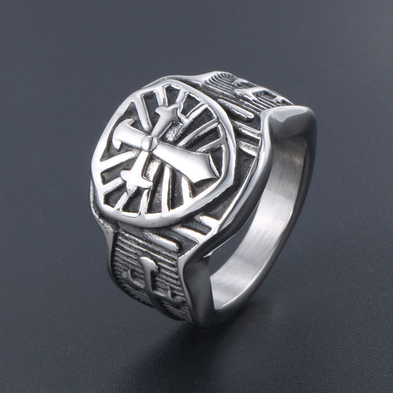 Retro-Inspired Men's Titanium Steel Cross Ring - Customizable Creative Jewelry for Him