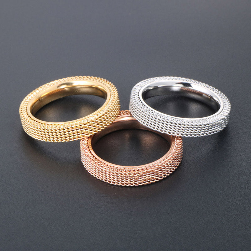 Three-Color Double-Layer Titanium Steel Mesh Ring for Men and Women - Classic Hollow Design