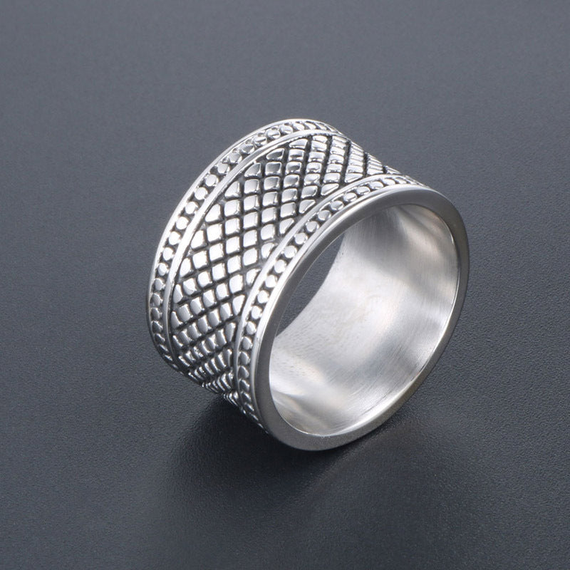 Retro Plaid Titanium Steel Ring for Men - Trendy Wide Version Finger Ring in Sizes 8-13