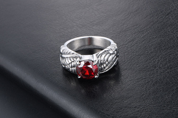 Korean Personalized Wing Ring for Men - Retro Red Zircon Titanium Steel Design