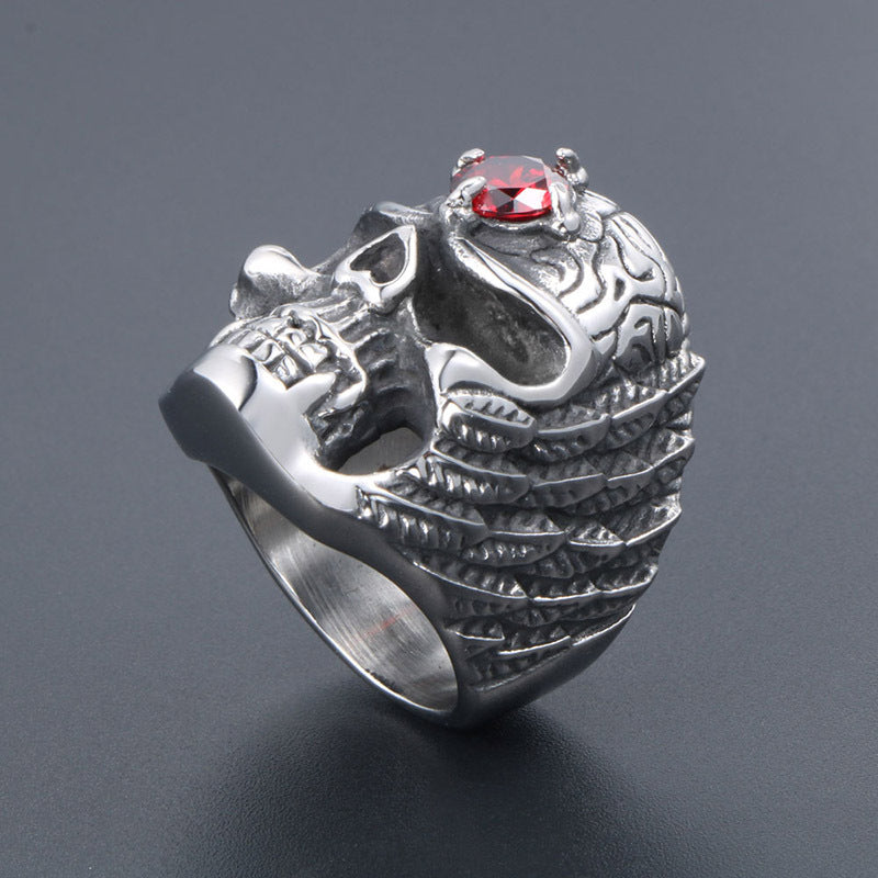 Titanium Steel Men's Gothic Red Zircon Skull Ring - Bold Wholesale Jewelry