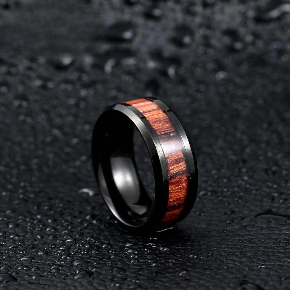 Korean-Inspired Stainless Steel Ring with Wood Pattern for Men - Bold Fashion Jewelry