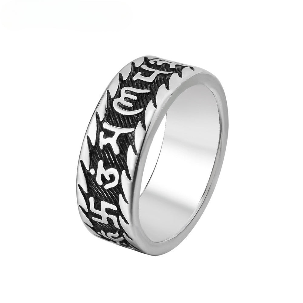 Auspicious Six-character Mantra Men's Titanium Ring with Retro Personality