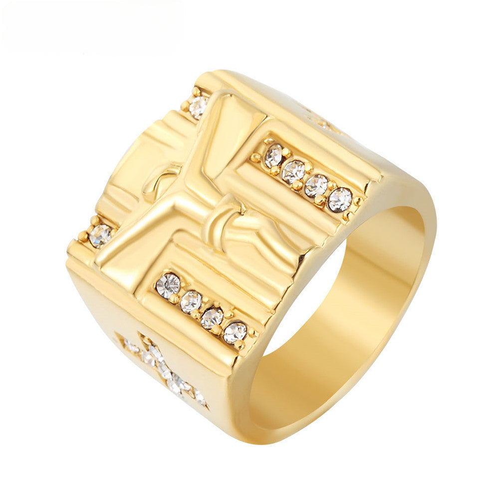 Golden Jesus Crucifix Zircon Titanium Steel Ring for Men