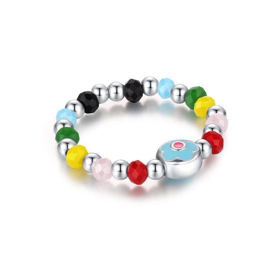 Dopamine Flower Sterling Silver Adjustable Ring with Colorful Beaded Index Finger Detail