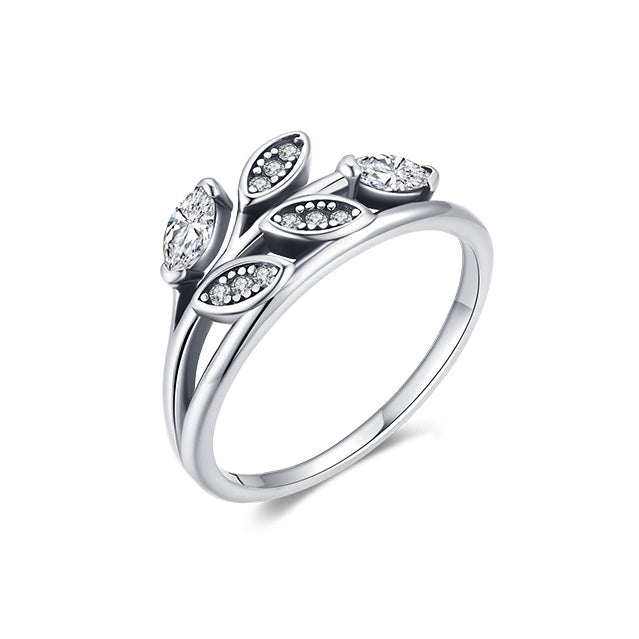 Retro Marcasite Leaf Sterling Silver Ring with Zircon Detailing