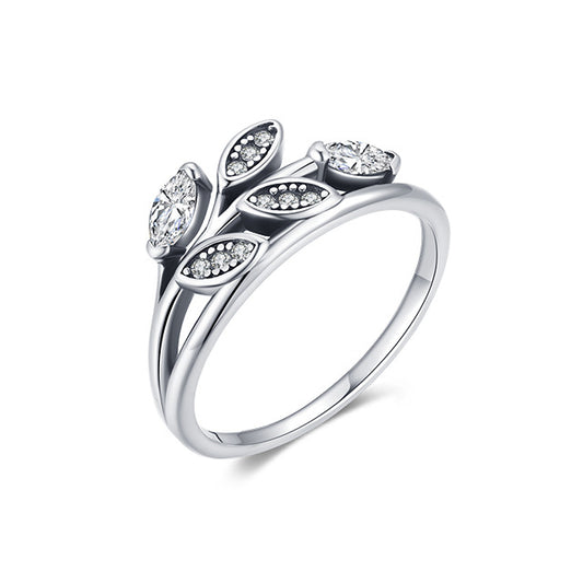 Retro Marcasite Leaf Sterling Silver Ring with Zircon Detailing