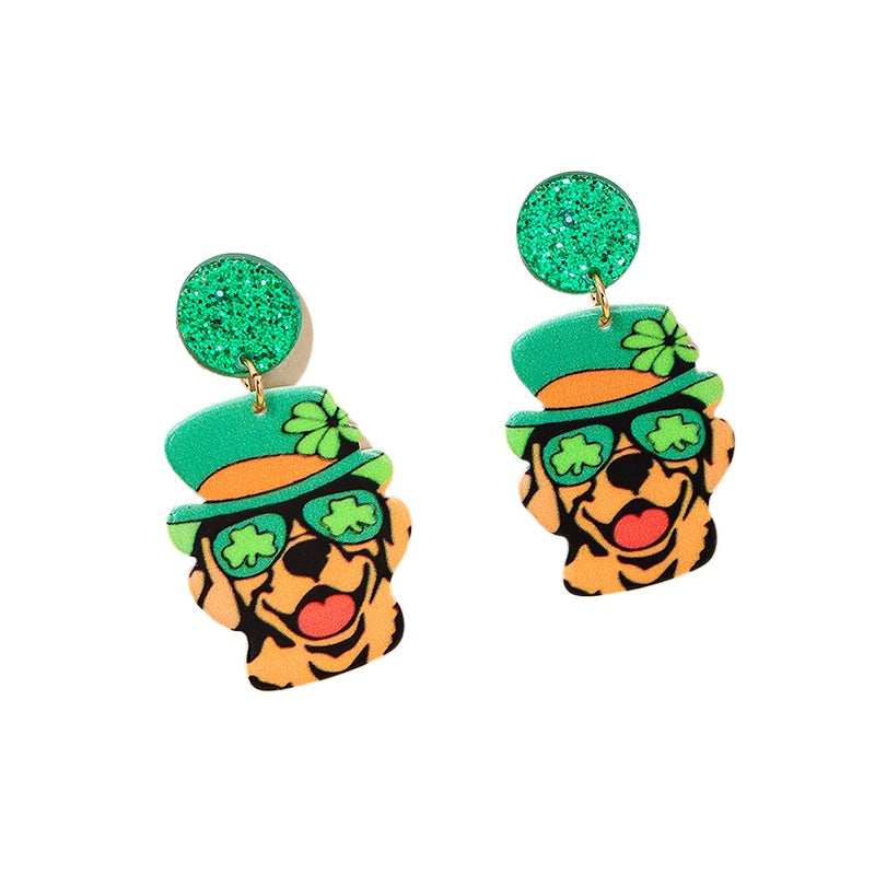 Green Hat Dog Fun Earrings for Stylish Kids and Colorful Women