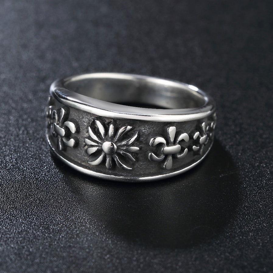 Cross Flower and Childern Flower Titanium Steel Ring for Men