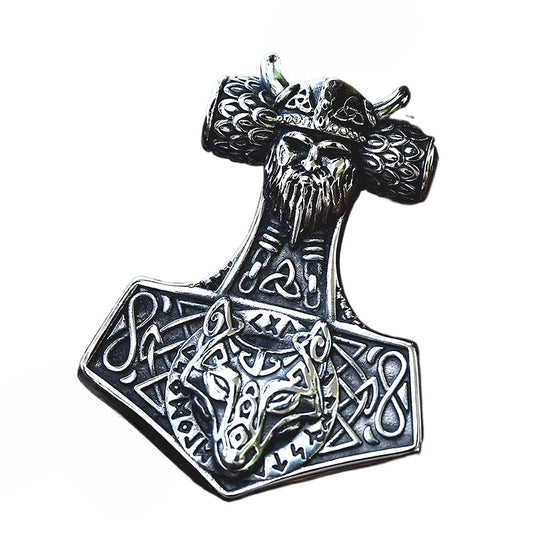 Vintage Viking Thor's Hammer Titanium Steel Pendant with Wolf Head Jewelry for Men