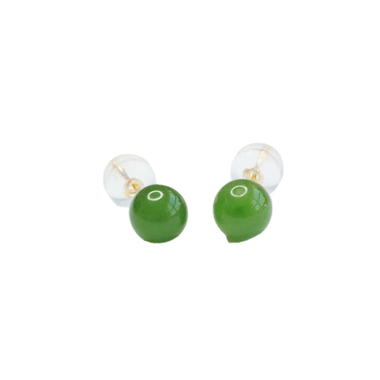 Ear Studs with Natural Hotan Jade Jasper Round Beads - Sterling Silver Jewelry