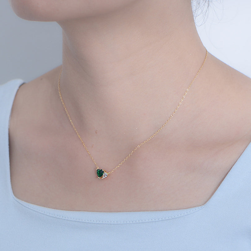 Emerald Green Heart Shape Zircon and Water Drop Zircon Silver Necklace